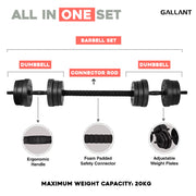 Gallant 20kg Adjustable Weights Dumbbells Set All In One Set Details.