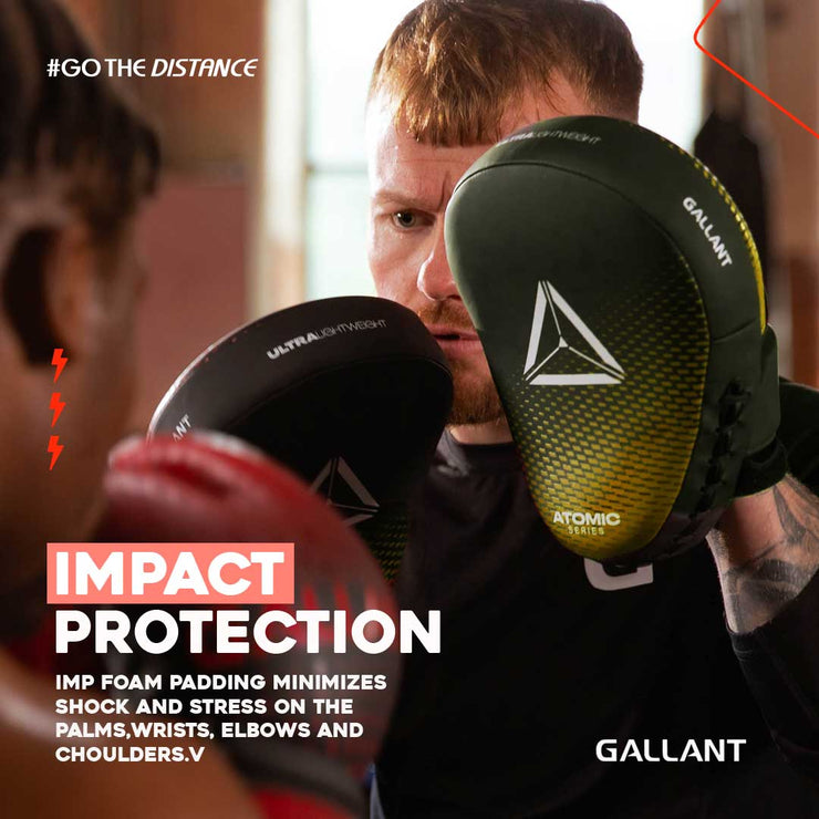 Atomic Series Boxing Gloves and Focus Mitts Combo - Gold Impact Protection.