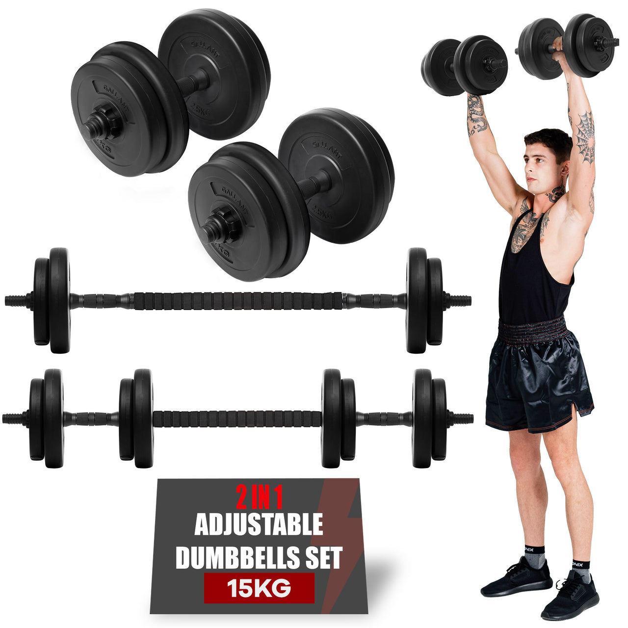 Gallant 2 in 1 Adjustable Dumbbells Weights Set With Barbell Connector 10kg 15kg 20kg