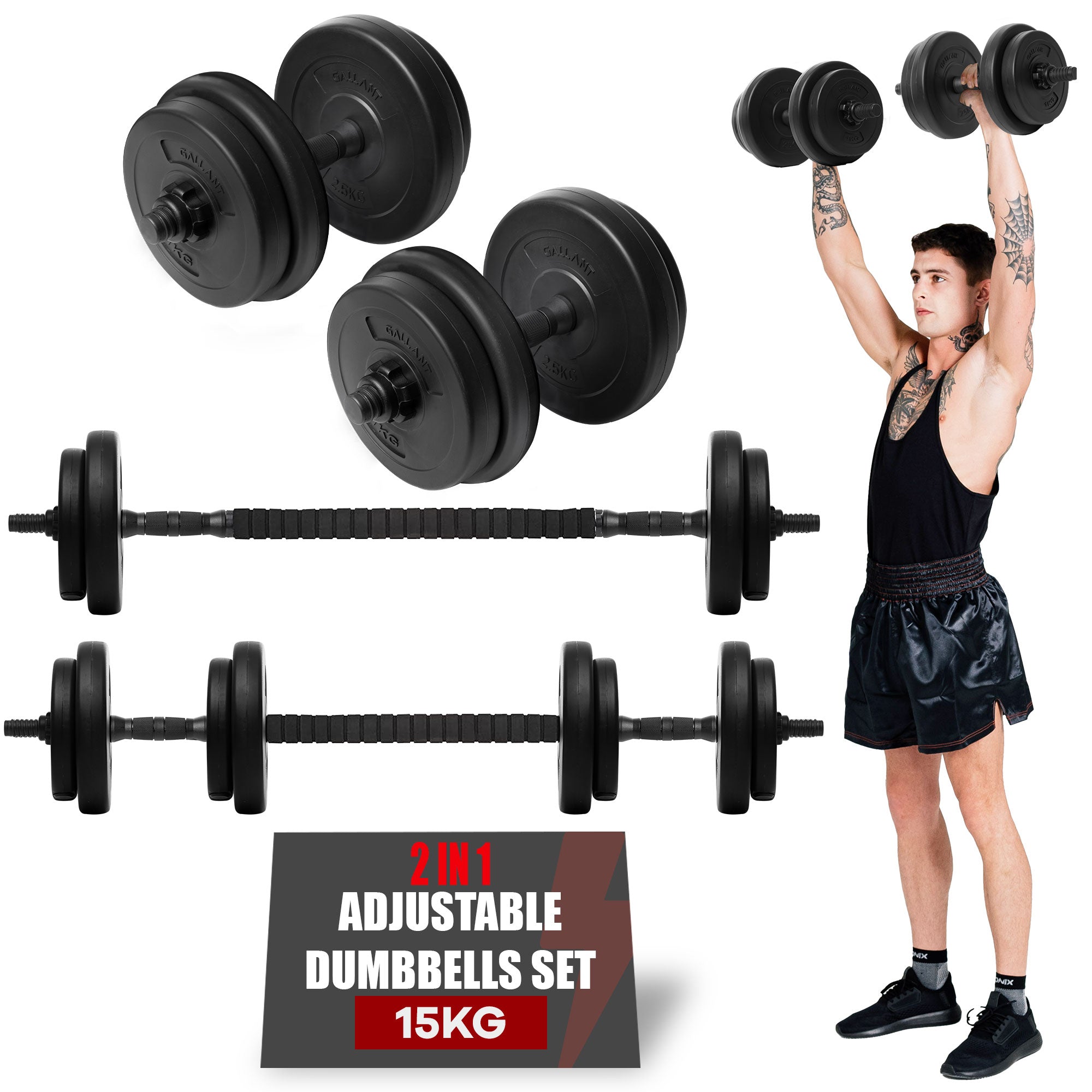 Gallant 20kg Adjustable Dumbbells Set, 2 in 1 Dumbbells and Barbell Hand Free Weights Dumbbells Set - Bar Weight Sets