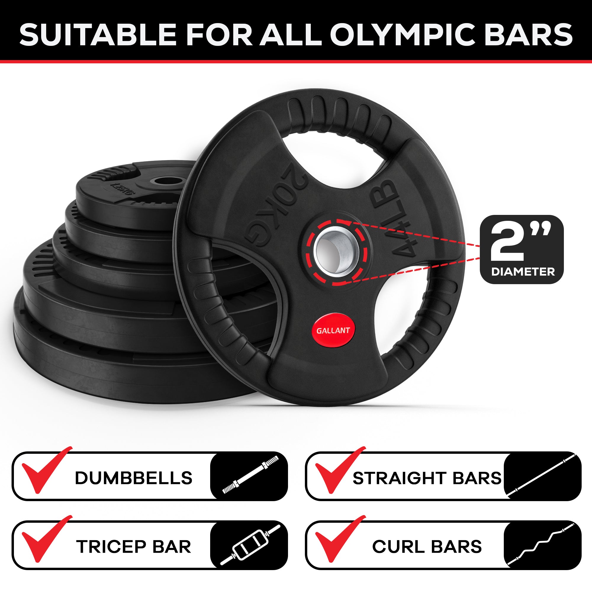 Gallant 2 Inch Olympic Weight plates - Rubber Coated Cast Iron Weight Plates With Tri Grips - Rubber Barbell