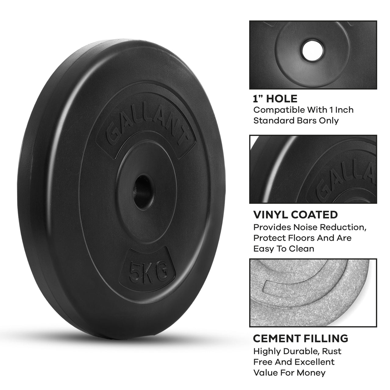 Gallant Weight Plates - 5kg Standard 1 Inch Vinyl Weights Discs 20kg Set For Men Women. 1'' Hole, Vinyl Coated, Cement Filling.