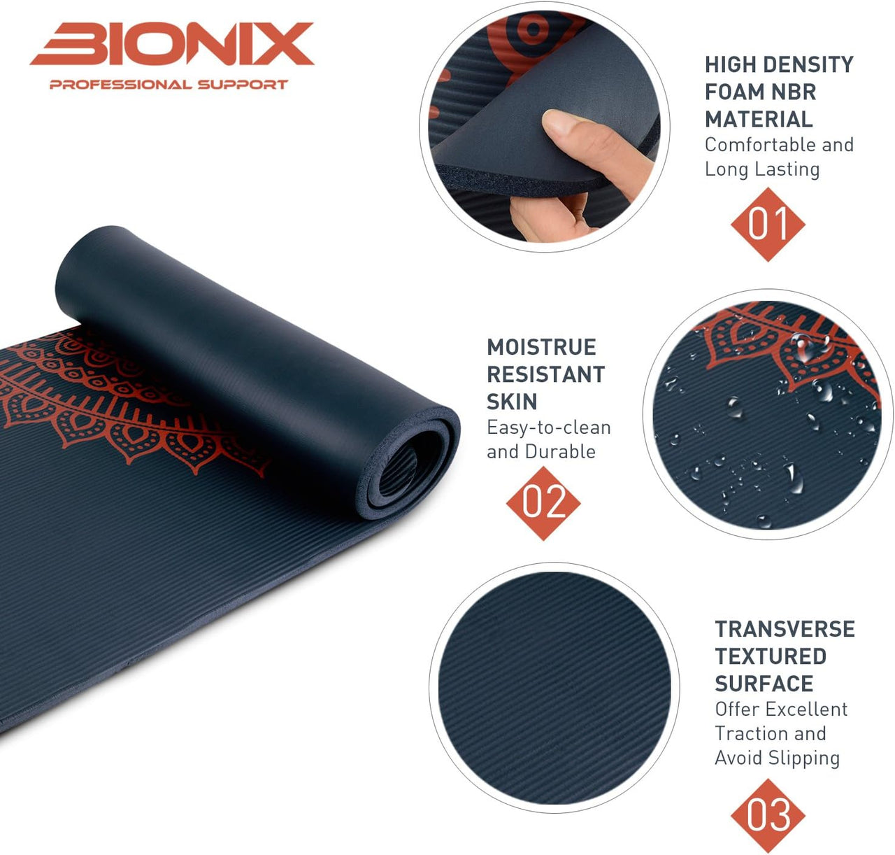 Bionix Yoga Mat Dark Blue - Thick NBR Foam Fitness Workout Product Details.