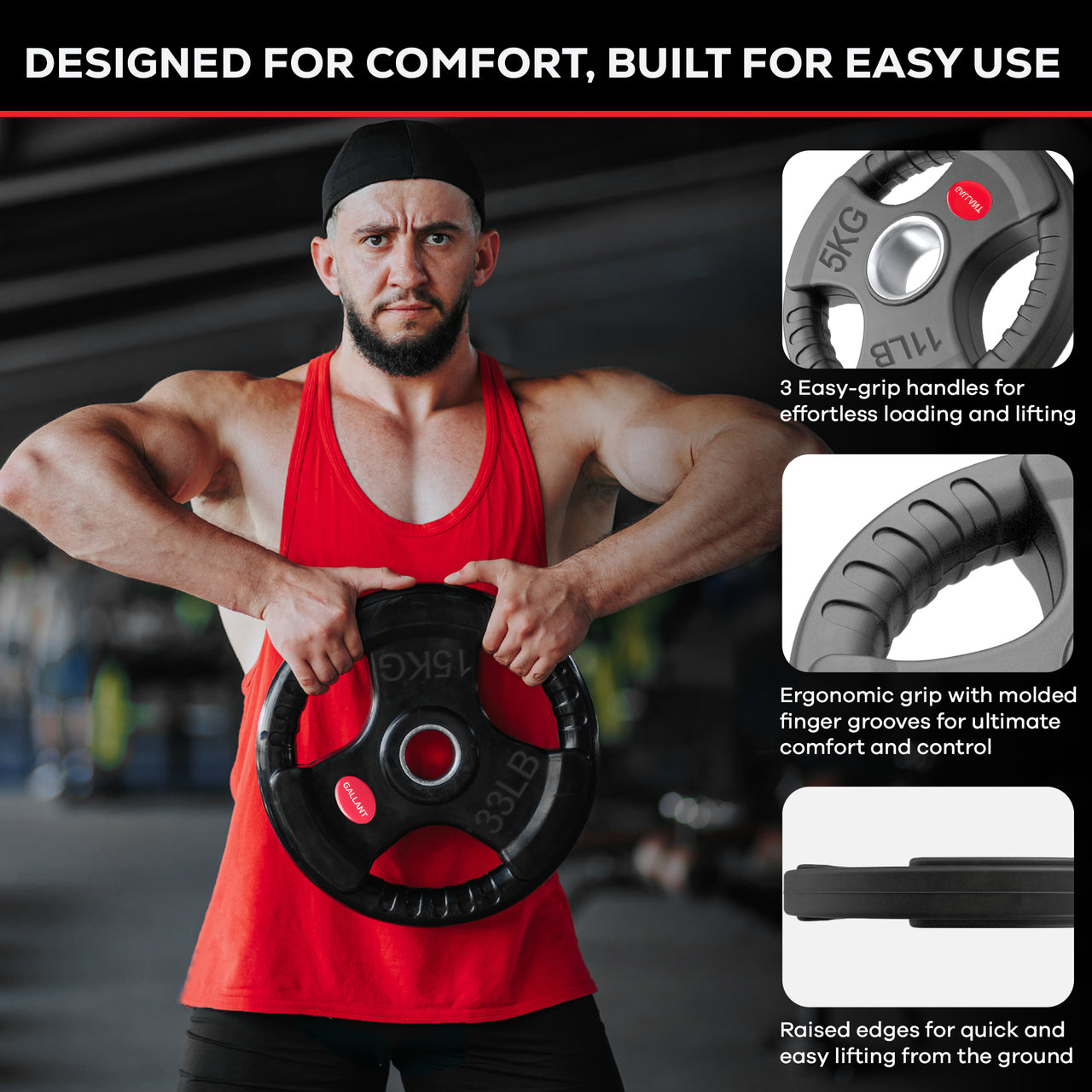 Gallant 2 Inch Olympic Weight plates - Rubber Coated Cast Iron Weight Plates With Tri Grips - Rubber Barbell