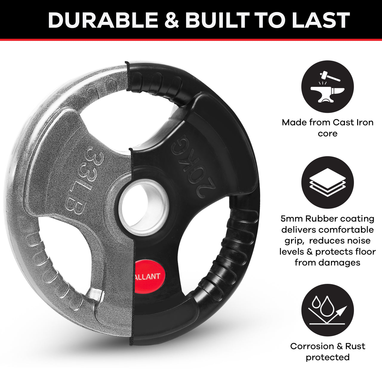 Gallant 2 Inch Olympic Weight plates - Rubber Coated Cast Iron Weight Plates With Tri Grips - Rubber Barbell