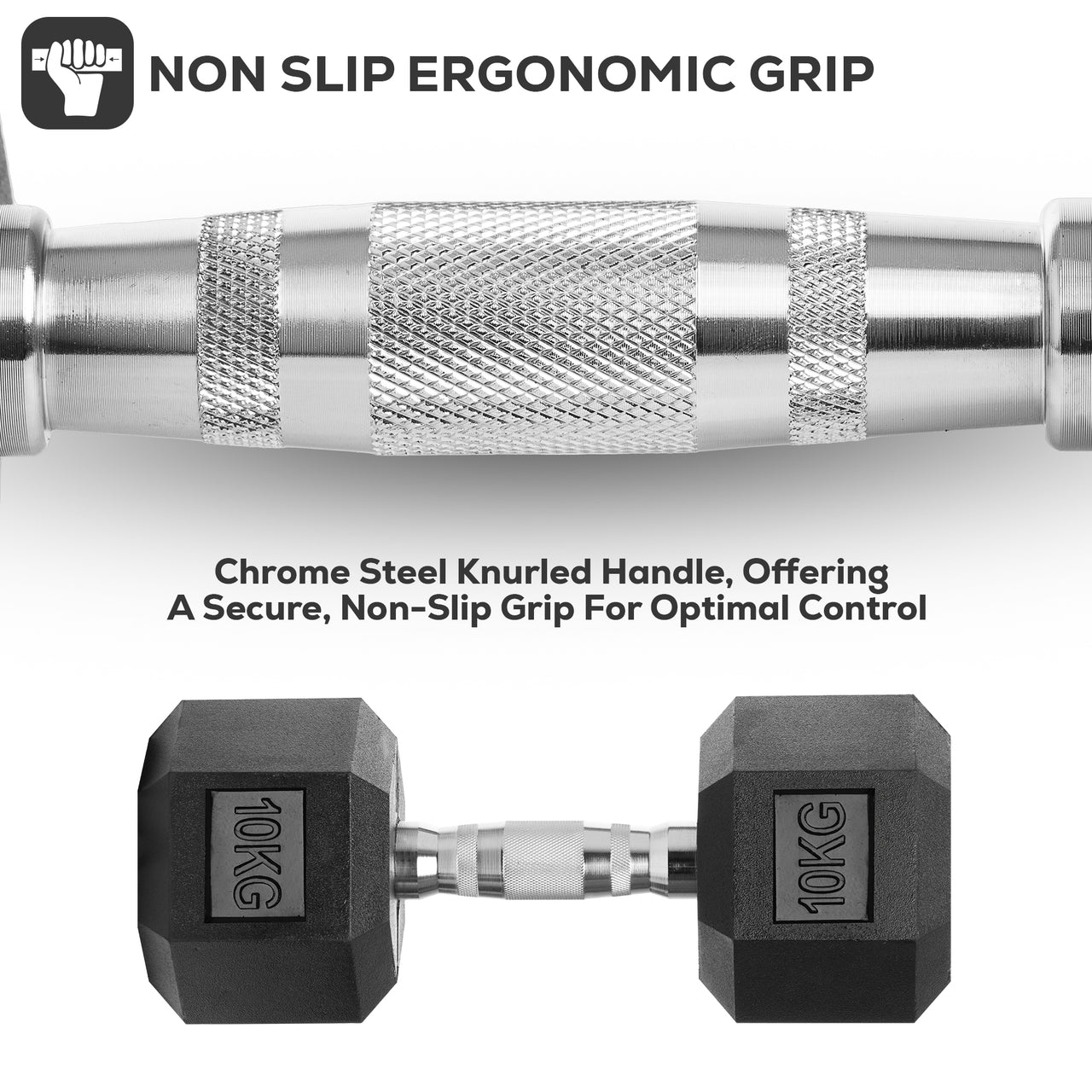 Rubber Encased Cast Iron Hex Dumbbells Non Slip Ergonomic Grip.