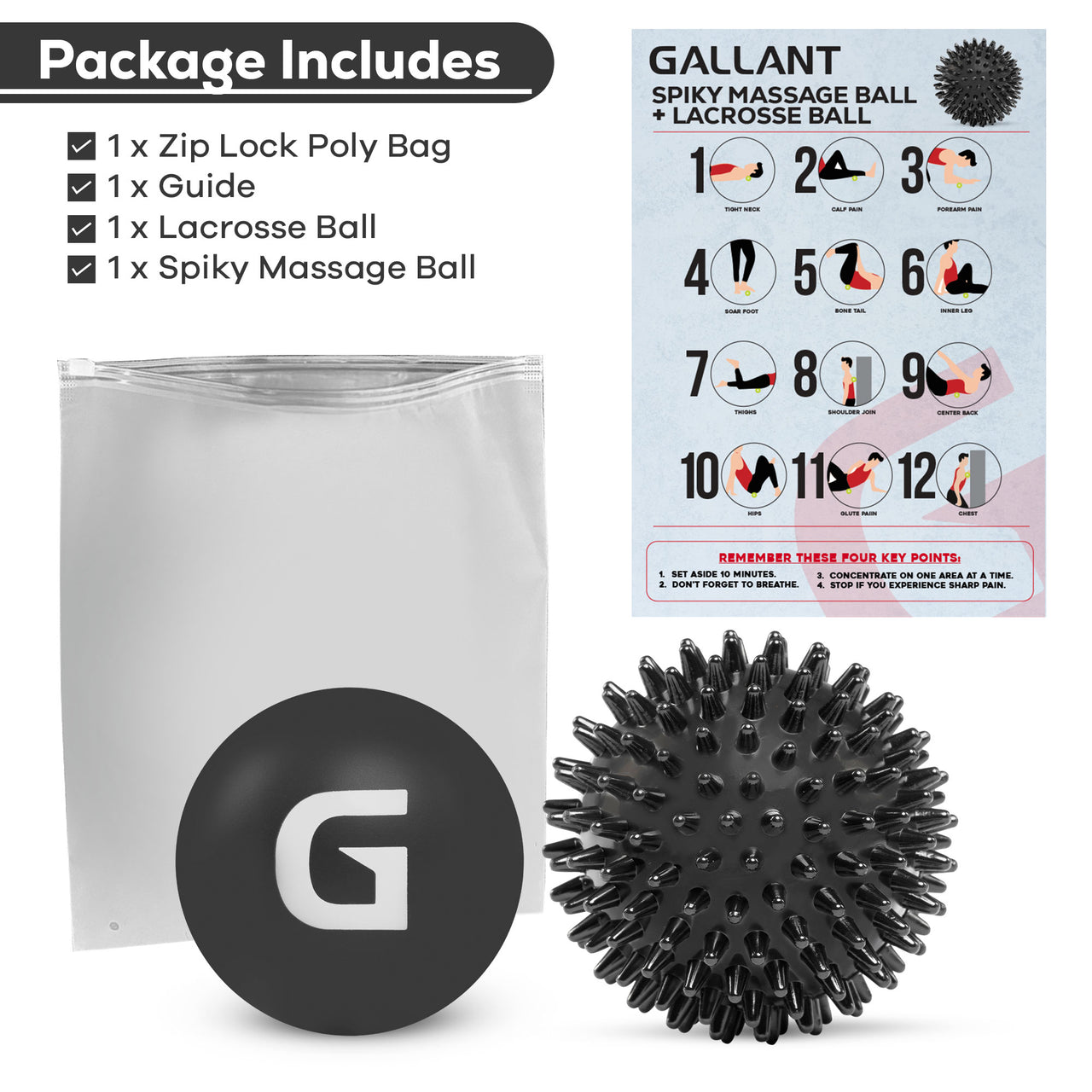 Spiky Massage Ball and Lacrosse Ball Set - Portable Stress Balls - Durable Physio Ball for Trigger Point Therapy Package Includes.
