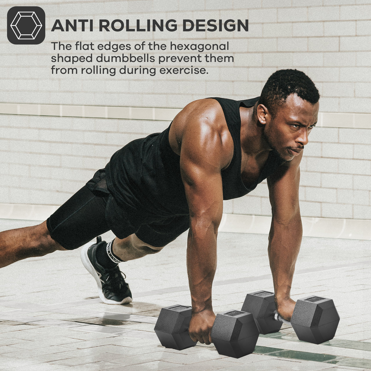 Rubber Encased Cast Iron Hex Dumbbells Anti Rolling Design.