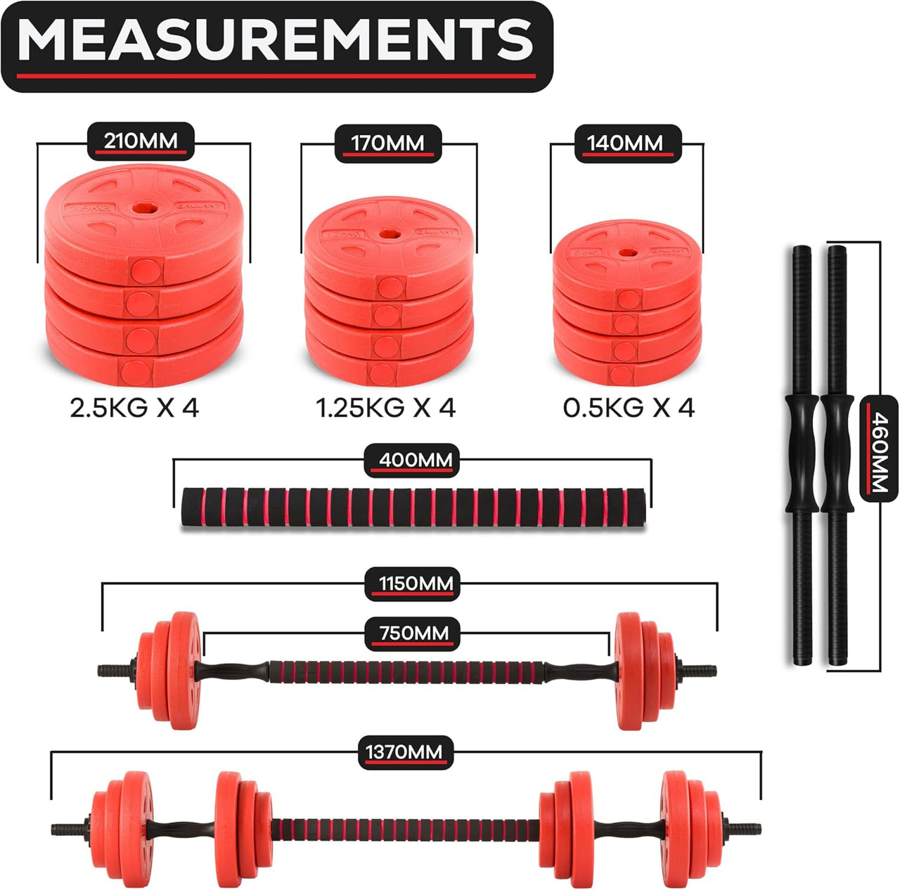 Gallant 20kg Adjustable Dumbbells Set, 2 in 1 Dumbbells and Barbell Hand Free Weights Dumbbells Set - Bar Weight Sets, Measurements.