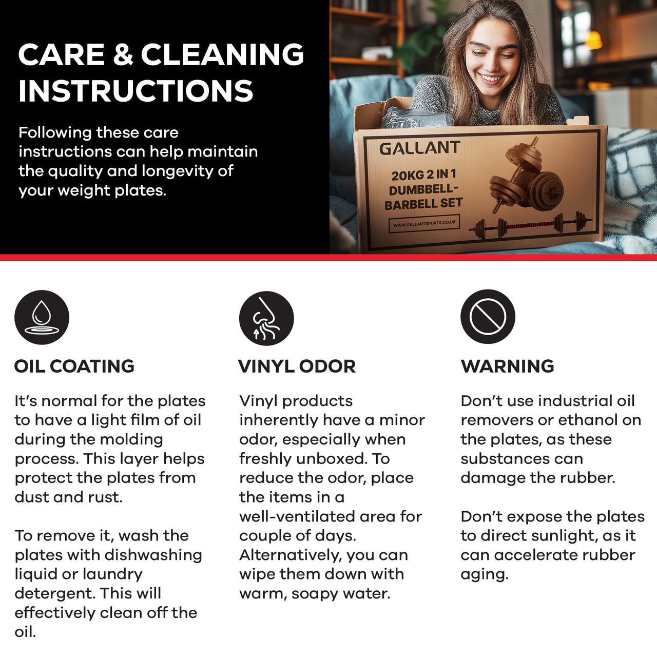 Gallant 20kg Adjustable Dumbbells Set, 2 in 1 Dumbbells and Barbell Hand Free Weights Dumbbells Set - Bar Weight Sets, Care & Cleaning Instructions.