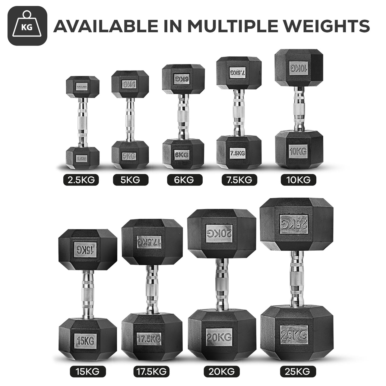 Rubber Encased Cast Iron Hex Dumbbells Available In Multiple weights.