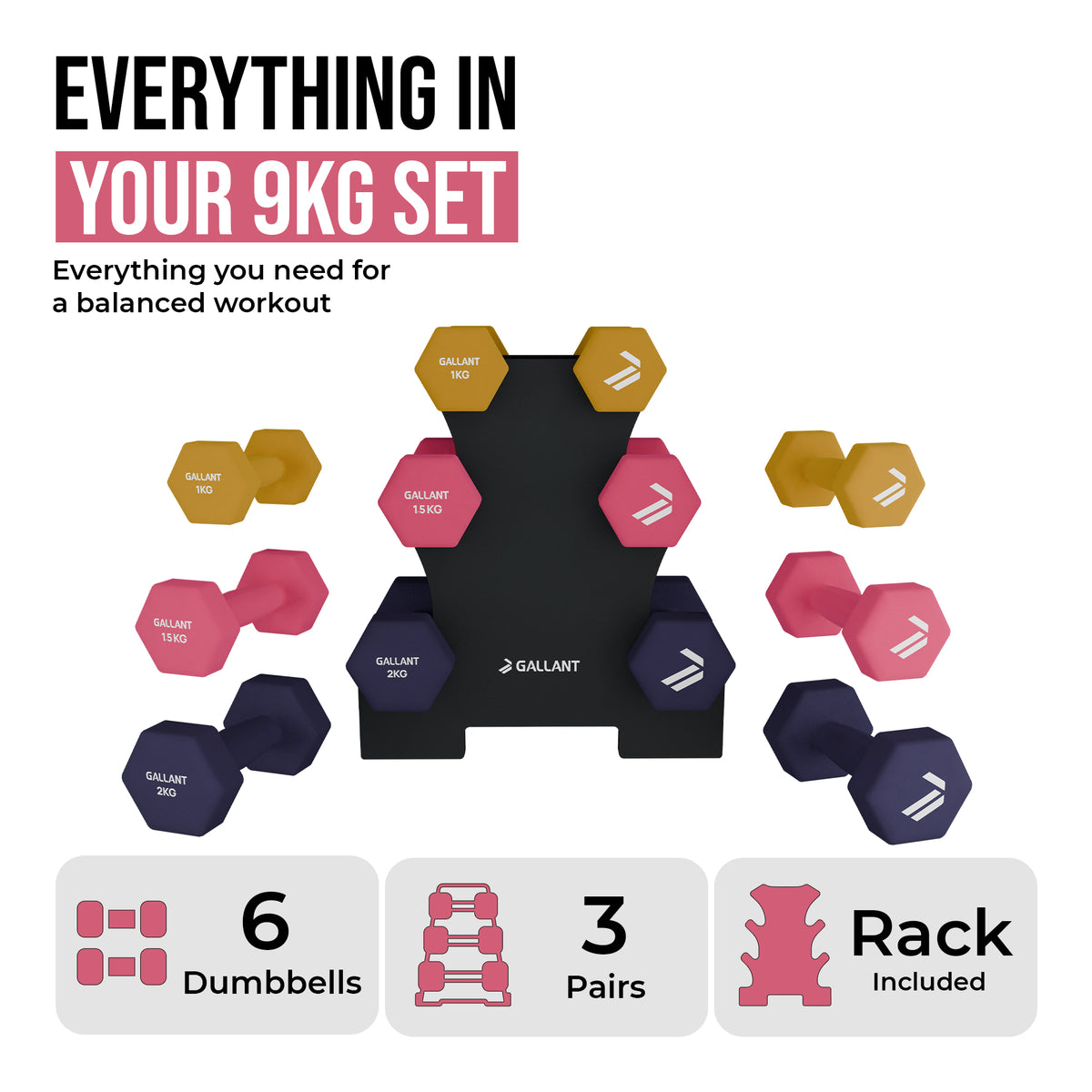Gallant Dumbbells Set With Stand - 9kg