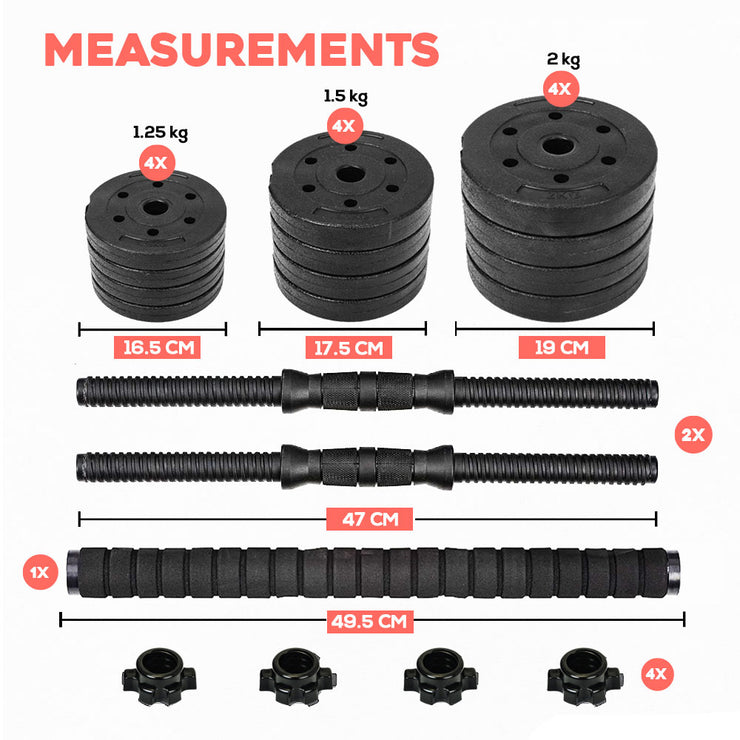 Gallant 20kg Adjustable Weights Dumbbells Set Product Measurements Details.