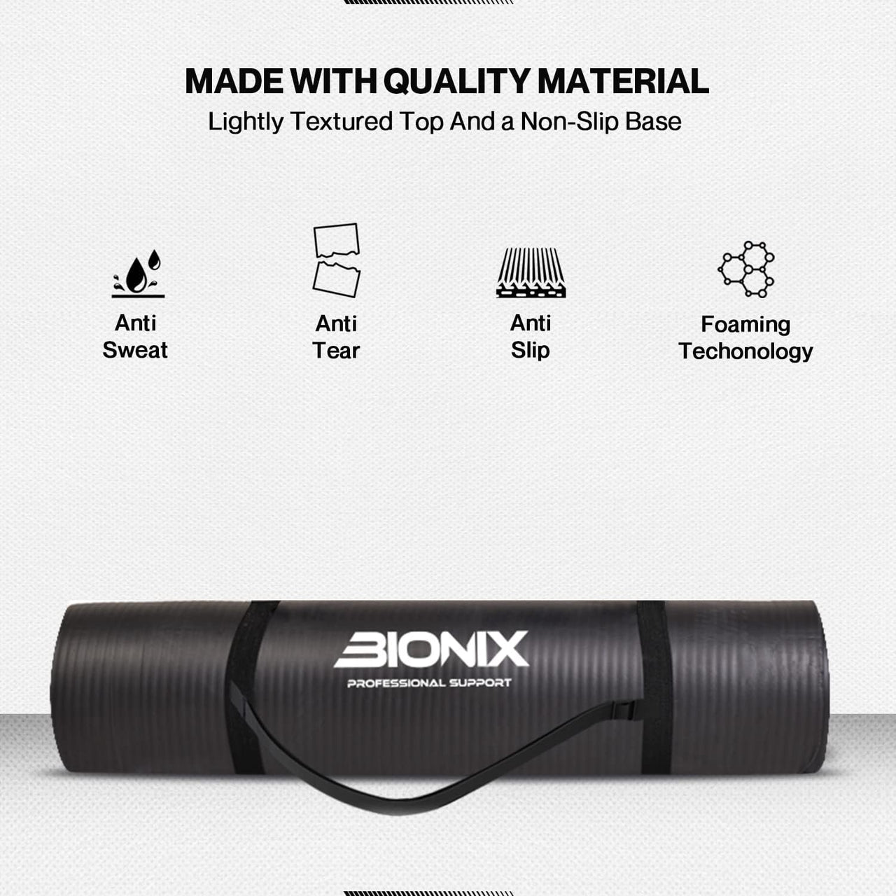 Bionix Yoga Mat - Thick NBR Foam Fitness Workout Black Made With Quality Material.