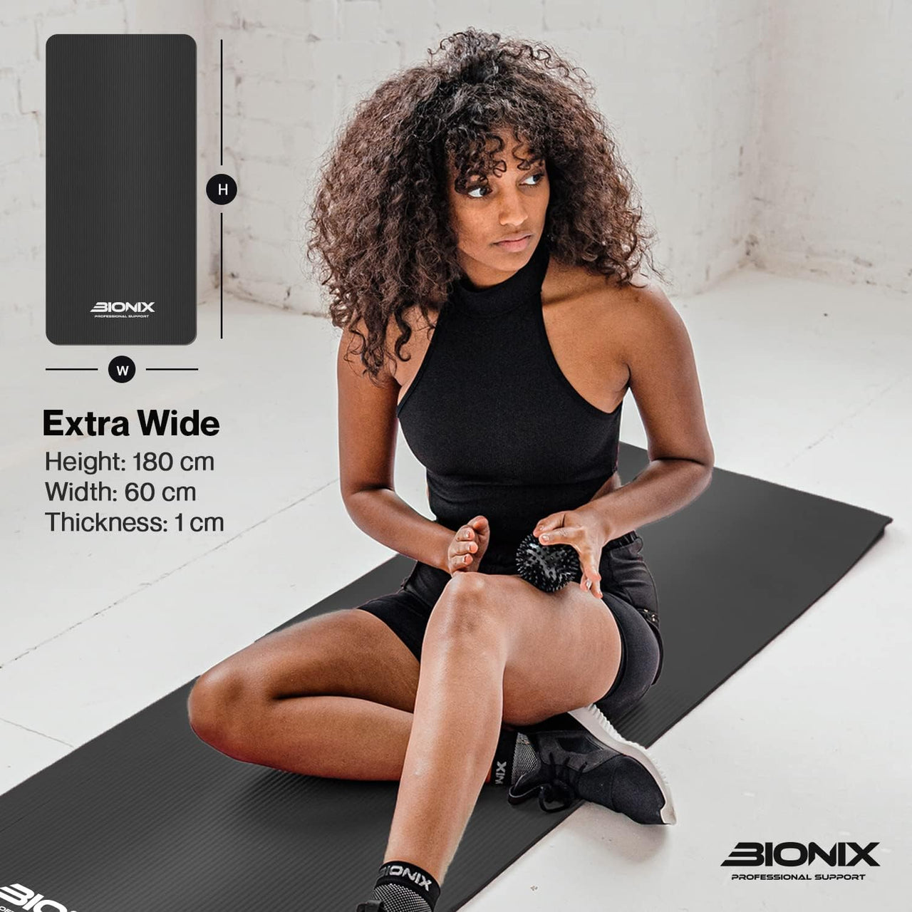 Bionix Yoga Mat - Thick NBR Foam Fitness Workout Black Extra Wide.