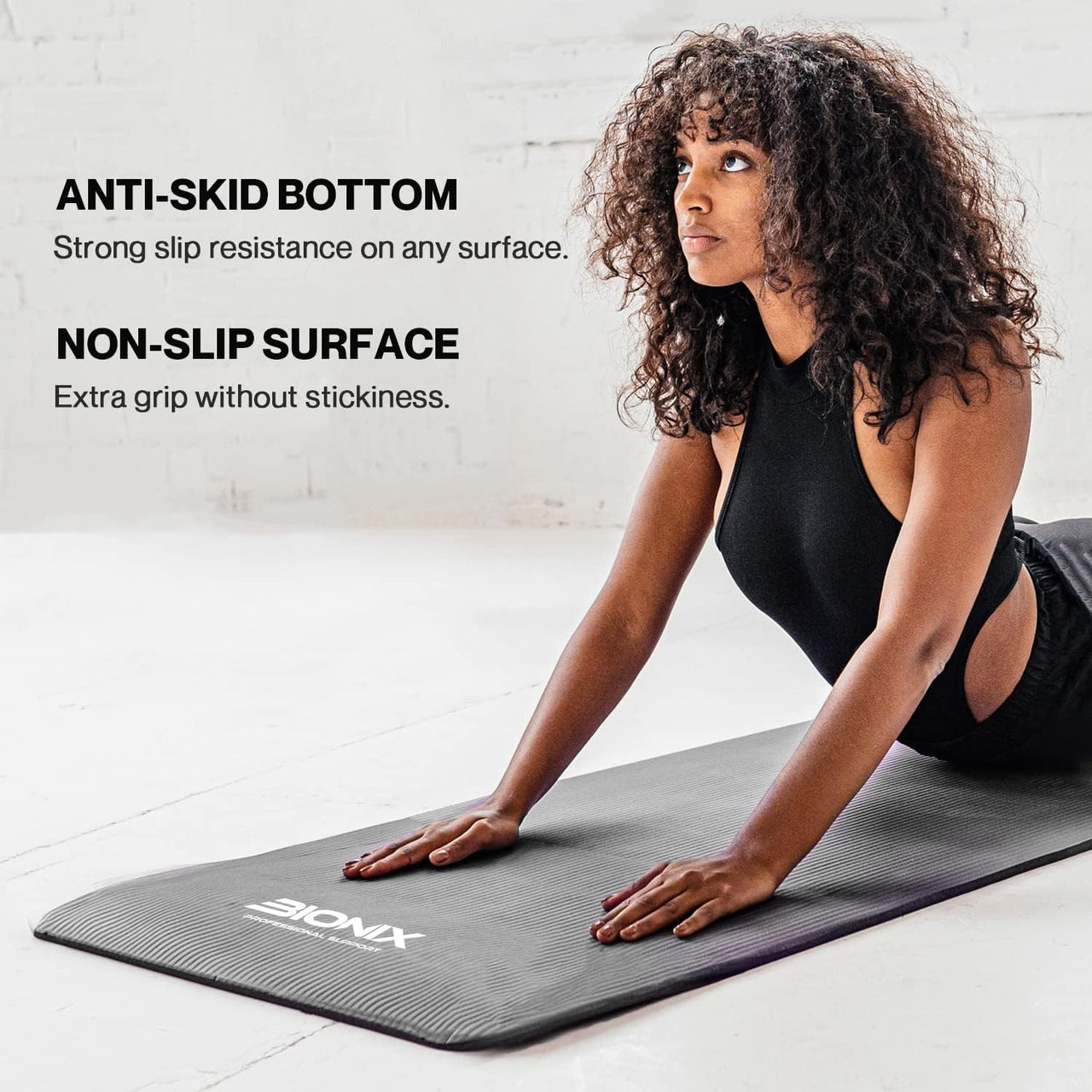 Bionix Yoga Mat - Thick NBR Foam Fitness Workout Black Anti Skid Bottom, Non Slip Surface.
