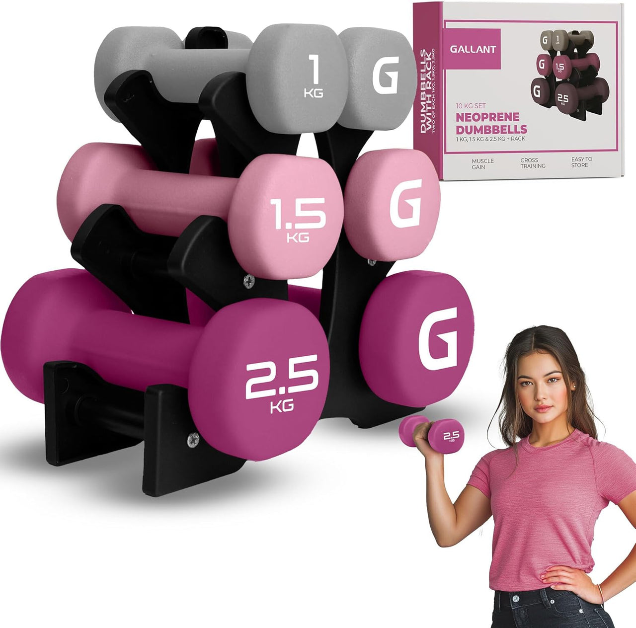 Gallant Hand Weights Dumbbell Set with Rack - 1KG, 1.5KG, 2.5KG Pair - Weight Set with Rack Pink