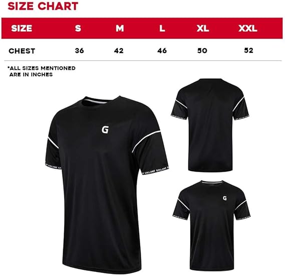 Gallant Men Training Top T-shirt Size Chart Details.