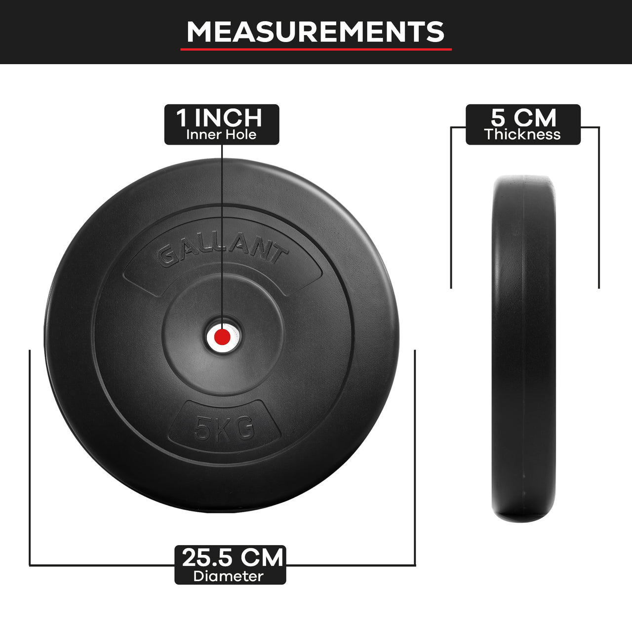 Gallant Weight Plates - 5kg Standard 1 Inch Vinyl Weights Discs 20kg Set For Men Women Measurements IMGs