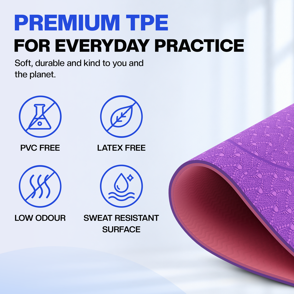 Yoga Mat With Carry Strap - Eco Friendly TPE, Non-Slip , Exercise Pilates Mat