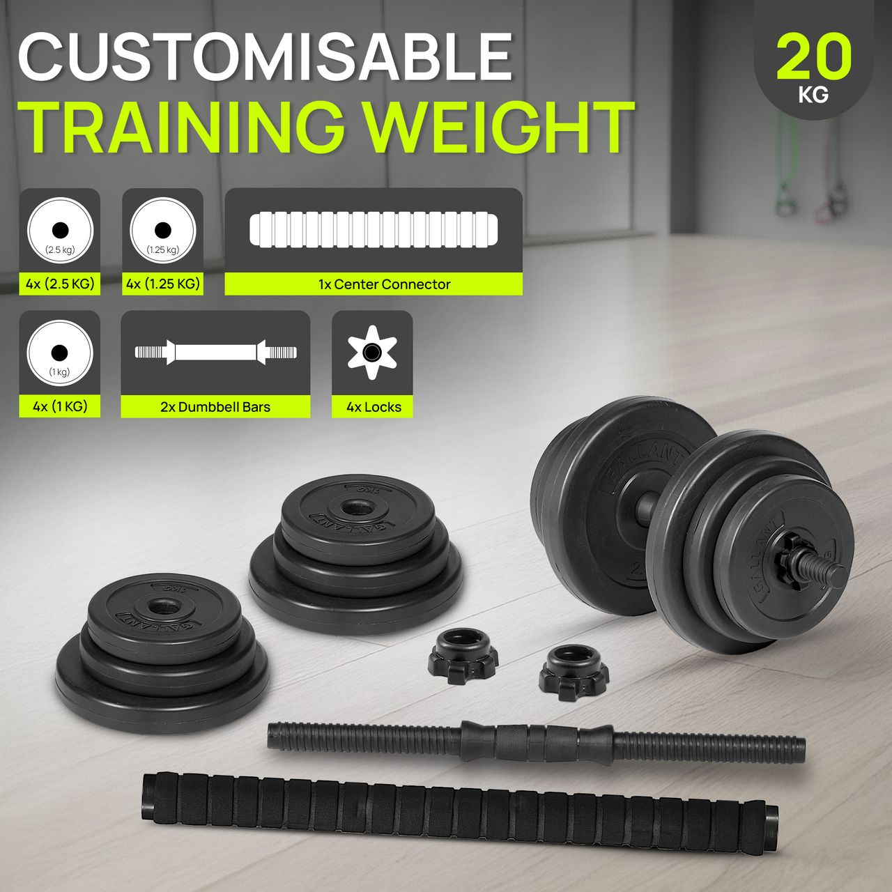 Gallant 2 in 1 Adjustable Dumbbells Weights Set With Barbell Connector 10kg 15kg 20kg