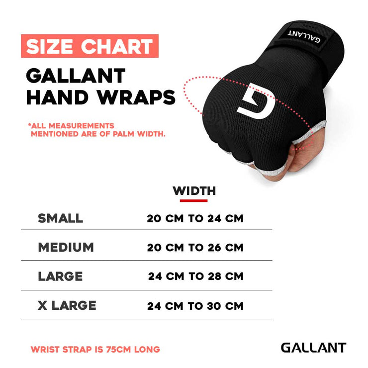 Gallant Heritage Boxing Gel Inner Hand Wrap - Black Size Chart Details.