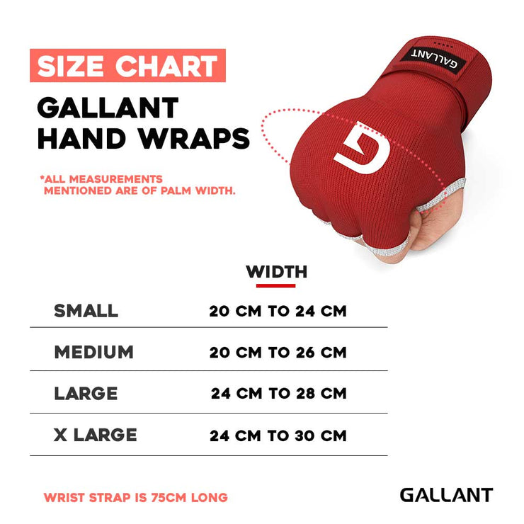 Gallant Heritage Boxing Gel Inner Hand Wrap - Red Size Chart Details.