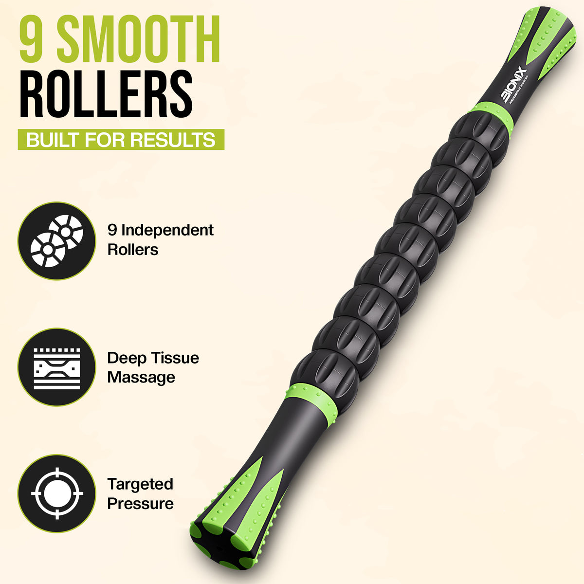 A 9 smooth roller massage tool shown diagonally on a light beige background with promotional text and feature icons. The product is black with bright green accents and has the brand name 'VEXY' visible near the top end.