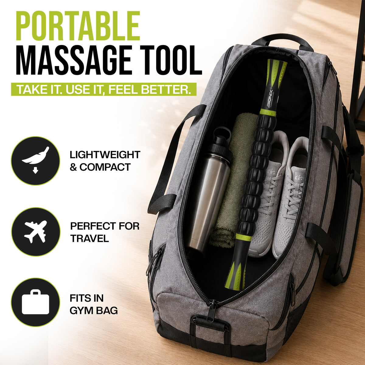 Gray and black gym bag shown open with a massage tool, water bottle, towel, and shoes inside. Large text reads 'PORTABLE MASSAGE TOOL' with feature icons for lightweight & compact, perfect for travel, and fits in gym bag.