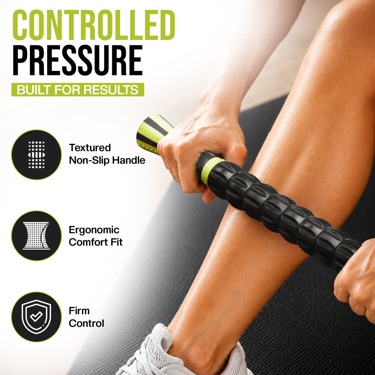 A person using a black and lime green foam roller on their leg, with marketing text and feature icons on the left side of the image.