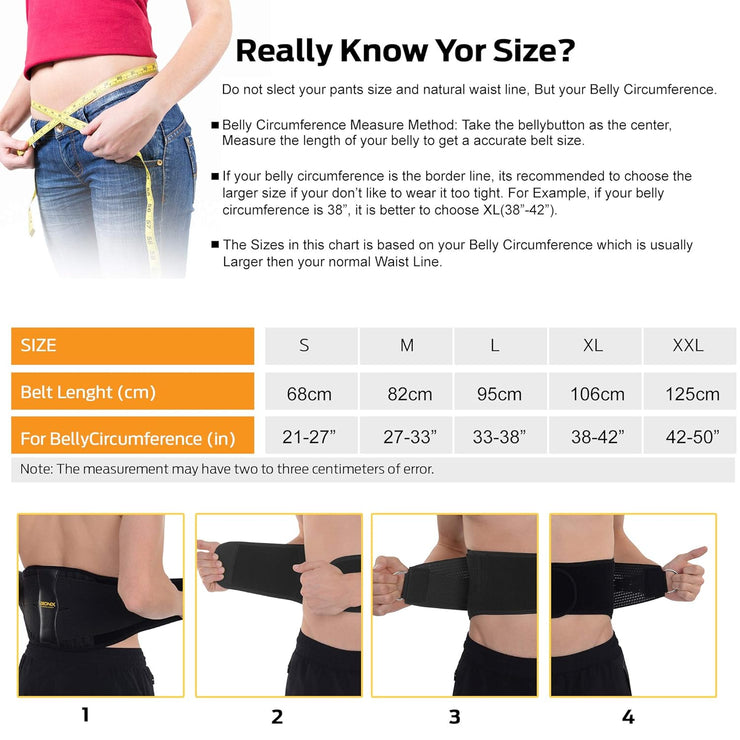 Bionix Back Lumbar Support Belt Size Chart Details.