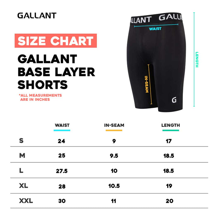 Gallant Base Layer Shorts - Black, Size chart details.