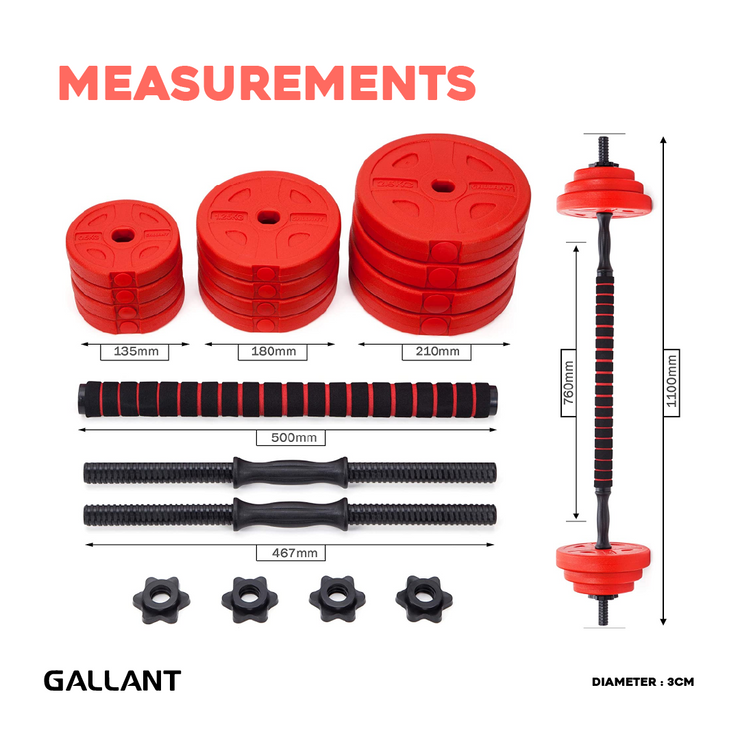 20kg Dumbbell & Barbell 2 in 1 Set - Heavy Duty Measurements Details.