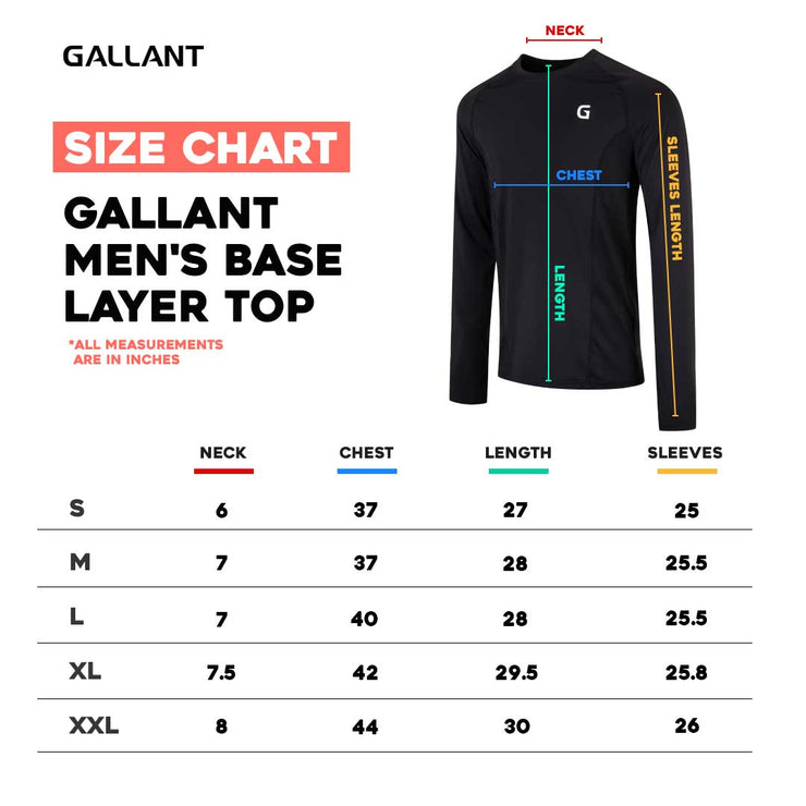 Gallant Men's Base Layer Top - Black, Product size chart details.