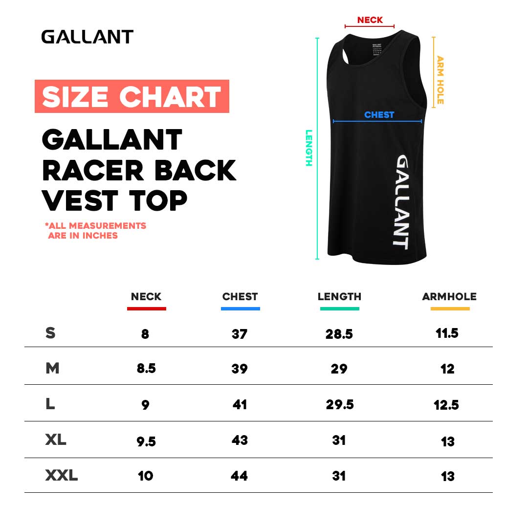 Gallant Racer Back Vest Top, Product size chart details.