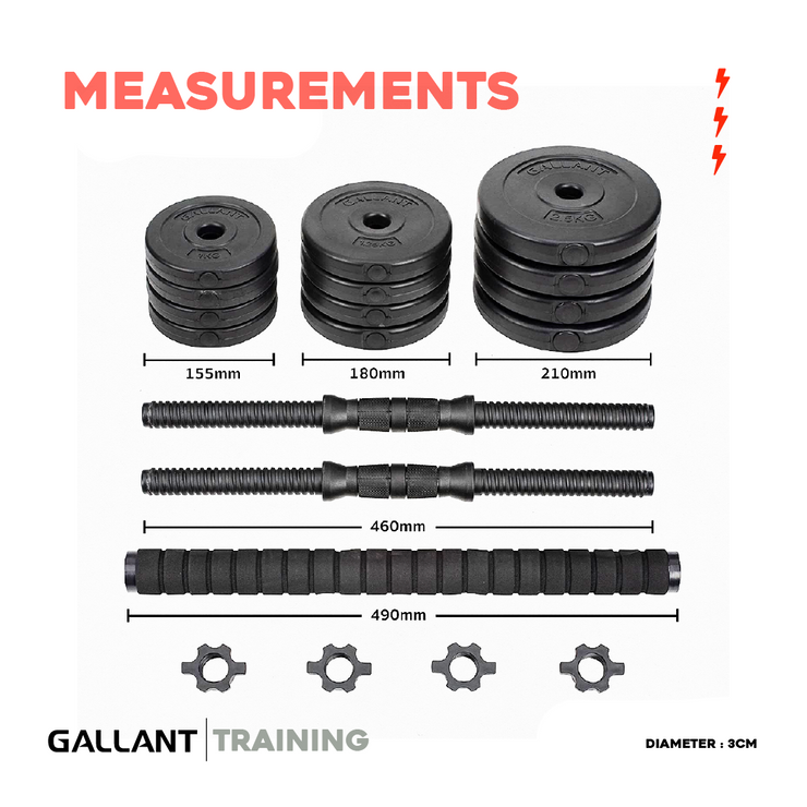 Gallant 20kg Adjustable Dumbbells Weights Set - 2 in 1 Measurements Details.