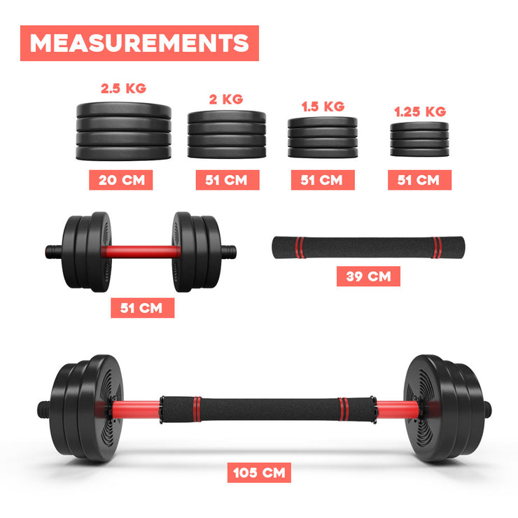 20kg Adjustable Dumbbell and Barbell Set Measurements details.