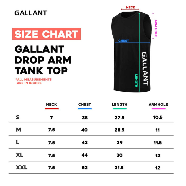 Gallant Drop Armhole Tank Top, Product size chart details.