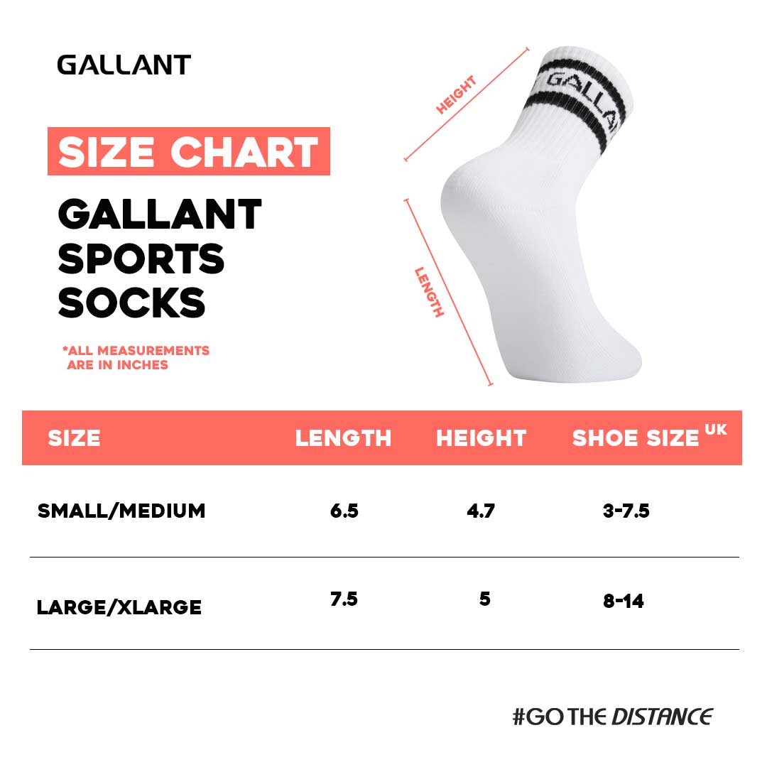 Gallant Sports Socks - 3 Pack White, Product size chart details.