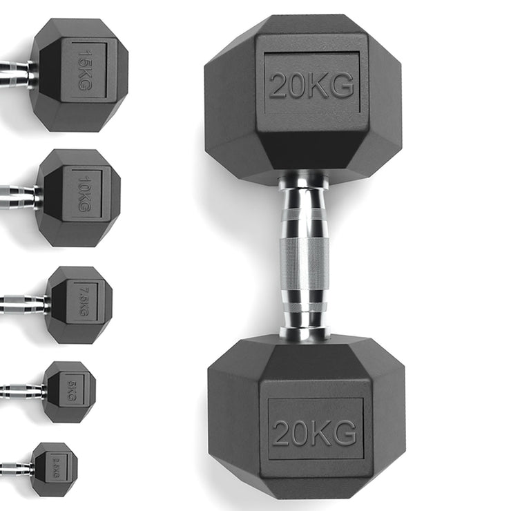 Rubber encased hex dumbbells set hexagon 20 kg rubber weights for sale