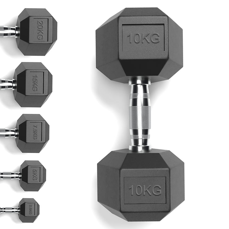 Rubber encased hex dumbbells set hexagon 10 kg rubber weights for sale