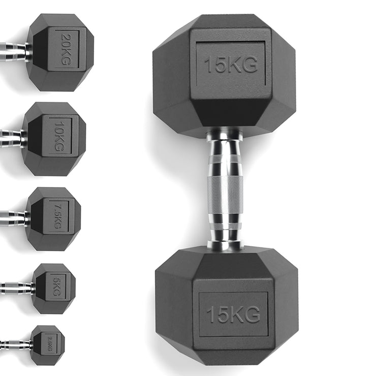 Rubber encased hex dumbbells set hexagon 15 kg rubber weights for sale