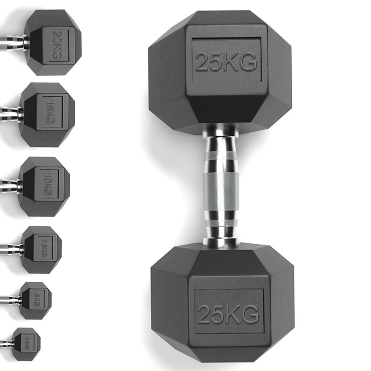 Rubber encased hex dumbbells set hexagon 25 kg rubber weights for sale