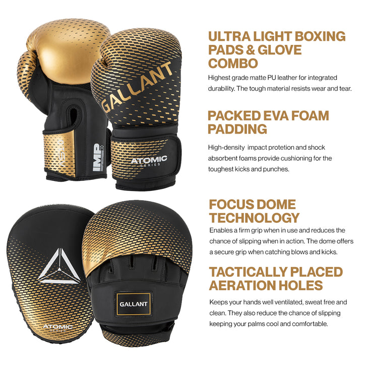 Golden Atomic Series Boxing Gloves and Focus Mitts Comb Set Feature Details.