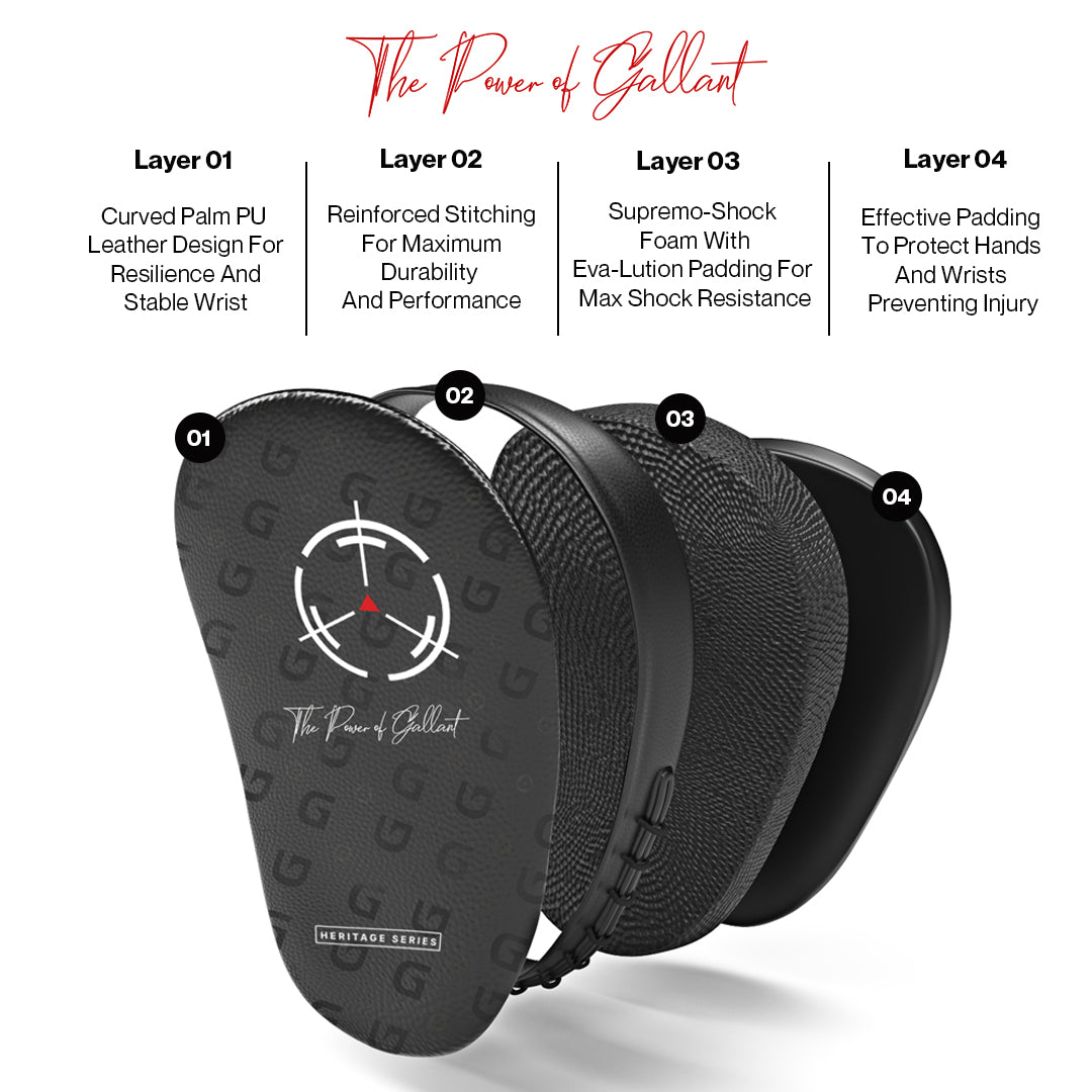 Heritage series boxing gloves and combo pad set show the power of gallant.