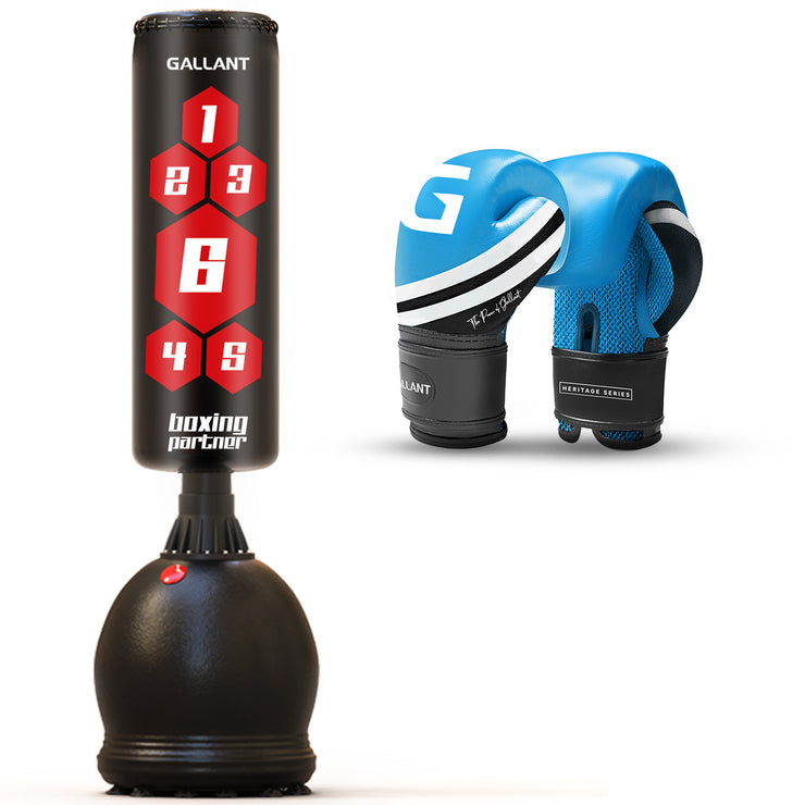 Free standing boxing punch bag heavy punching best stand up alone floor duty elite powercore self speed.(BLUE GLOVES & BLACK  PUNCH BAG)