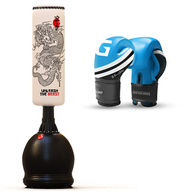 Free standing boxing punch bag heavy punching best stand up alone floor duty elite powercore self speed.(BLUE GLOVES & WHITE PUNCH BAG)