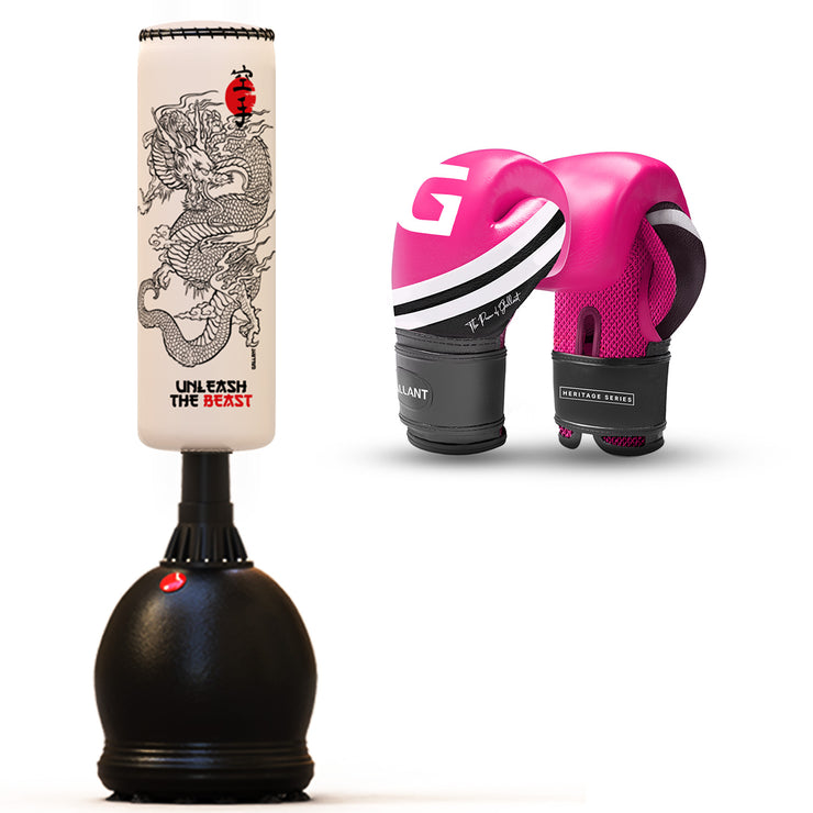 Free standing boxing punch bag heavy punching best stand up alone floor duty elite powercore self speed.(PINK GLOVES & WHITE PUNCH BAG)