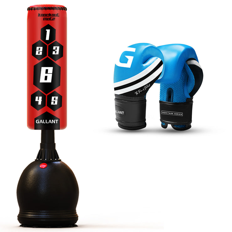 Free standing boxing punch bag heavy punching best stand up alone floor duty elite powercore self speed.(BLUE GLOVES & RED PUNCH BAG)