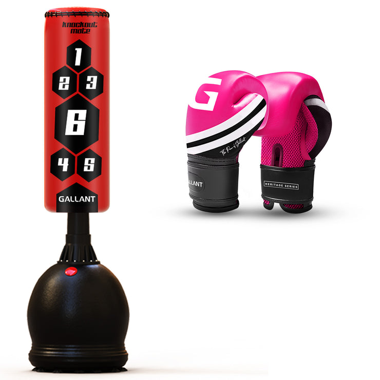 Free standing boxing punch bag heavy punching best stand up alone floor duty elite powercore self speed.(PINK GLOVES & RED PUNCH BAG)